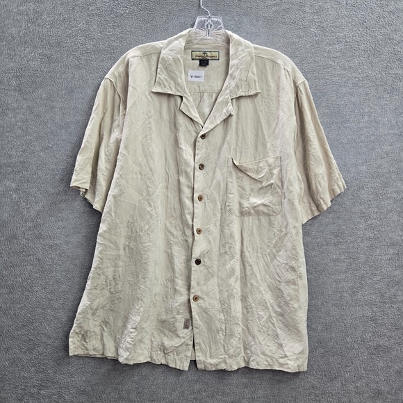 Tommy Bahama Other - Tommy Bahama Men Button Up Shirt Large Beige 100% Silk Textured Palm Tree Collar